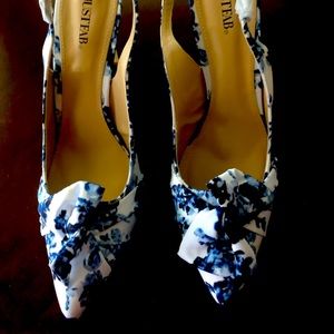 Sling Back, Floral, Blue and White Heels.
